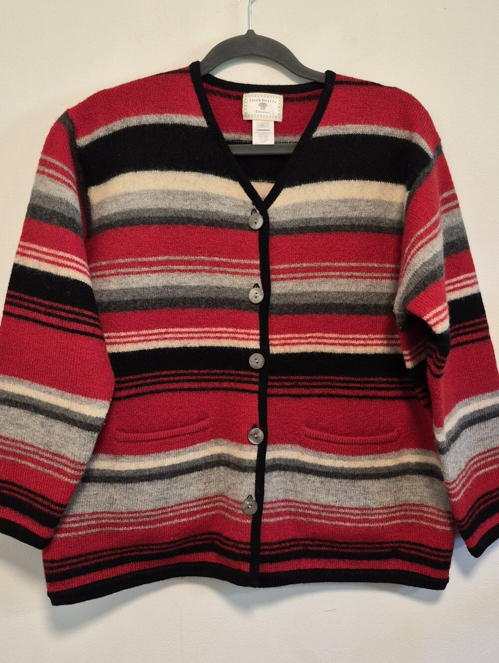 Vtg Susan Bristol Wool Cardigan Sweater Red/Black Striped 90's Sz L Petite - Picture 2 of 10